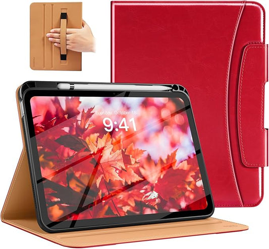 MoKo for iPad (A16) 11th Generation Case 11 inch 2025, iPad 10th Generation Case 10.9" 2022 with Pencil Holder & Pocket, Premium Leather Folio Stand Cover, Multiple Viewing Angles, Red