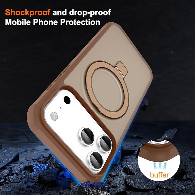 Magnetic Compatible with iPhone 17 Pro Case with Stand [Military Grade Drop Tested][Compatible with Magnet] Ring Translucent Slim Hard Back Soft Edge, Desert Gold