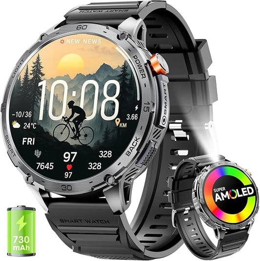 Military Smart Watch for Men 1.75" HD AMOLED Display 730mAh Battery Smart Watches with LED Flashlight for Android iOS（Bluetooth Call Answer/Dial Calls） Fitness Tracker with Heart Rate