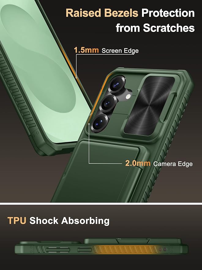 Vihibii for Samsung Galaxy S25+ Plus Wallet Case, Built-in Card Holder (4 Cards), [RFID Blocking] & Slide Camera Cover, Military Grade Drop Protection, TPU Soft Edge Case for Galaxy S25+ Plus, Green