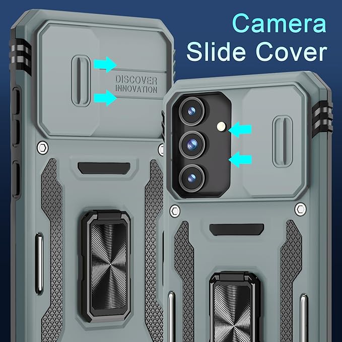 DEERLAMN Case for Samsung Galaxy S25 6.2-Inch with Slide Camera Cover+Screen Protector (1 Pack), Rotated Ring Kickstand Military Grade Shockproof Protective Cover-Grey