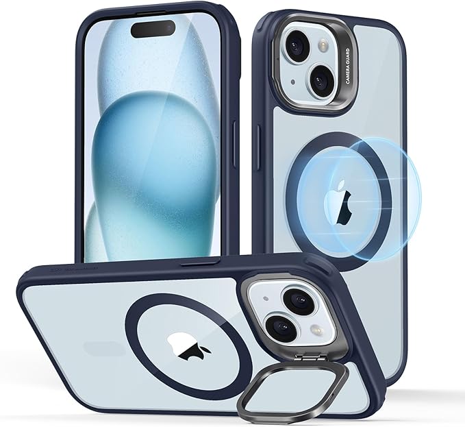 ESR for iPhone 15 Case, Compatible with MagSafe, Military-Grade Protective Case, Built-in Stash Stand Phone Case, Scratch-Resistant Back Cover, Classic Series, Clear Dark Blue