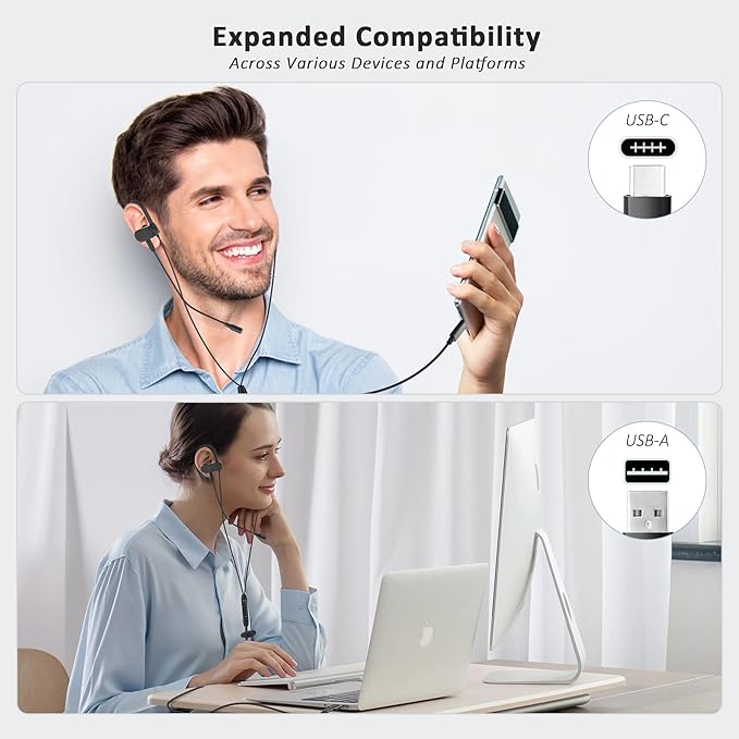 USB C & USB A Earbuds with Boom Mic for Smartphones & Computers, Wired USB C In-ear Headset with Wrap-Around Ear Hooks, Dual Mic Earbuds, 5.9FT - Perfect for Calling, Meeting, Work and Gaming