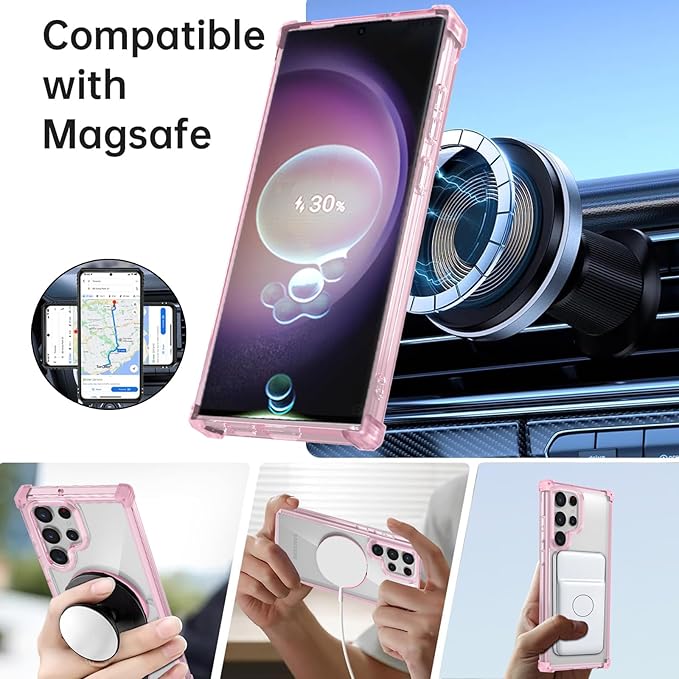 for Samsung Galaxy S23 Ultra Case Compatible with Magnetic Wireless Charging with 1 Screen Protector,for S23 Ultra Phone Case with Kickstand Ring Military Grade Drop Protection Shockproof Pink