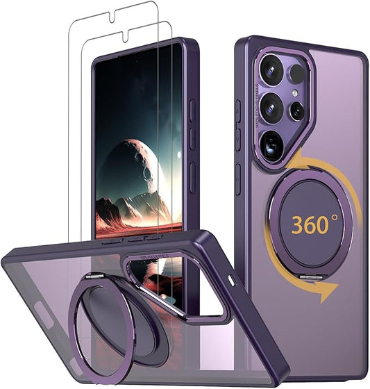 Magnetic Stand Case for Samsung Galaxy S25 Ultra [with 2 Tempered Glass Film] [360° Rotation Magnetic Stand] [Compatible with Magsafe] Military-Grade Drop Protection Case, Purple