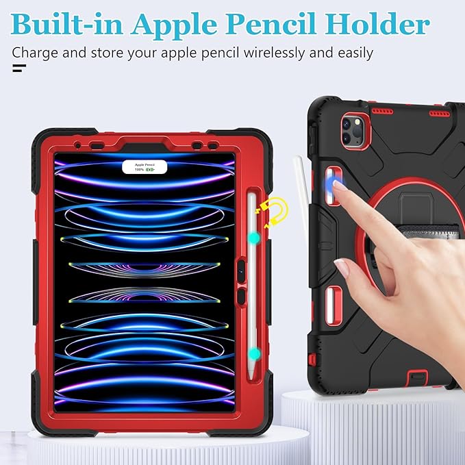 Case for iPad Pro 11 Inch (2022/2021/ 2020/2018): Silicone Cover for iPad 11 (4th/ 3rd/ 2nd/ 1st) Generation with Screen Protector- Stand- Handle- Shoulder Strap- Pencil Holder- Red