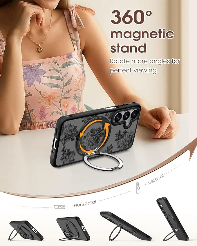 for Samsung Galaxy A16 4G/5G Case with 360° Rotatable Magnetic Ring - Semi-Transparent Anti-Fingerprint Soft-Touch Material Shockproof, Cute Line Art Flower Design for Women Girl