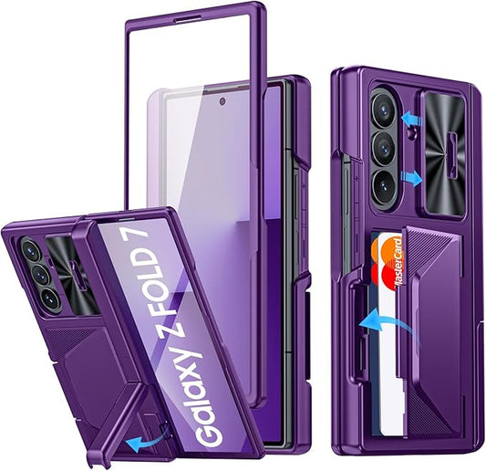 for Samsung Galaxy Z Fold 7 Case with Card Holder RFID Blocking, Built in Slide Lens Cover & Hinge Protection & Kickstand & Screen Protector, Shockproof Wallet Case for Z Fold 7 (Purple)