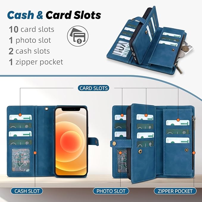 TwoHead for iPhone 12/12 Pro Wallet Case with Card Holder & Detachable Magnetic Phone Case,Leather All-Round Protection Phone Case for Women/Men,6.1IN,Navy Blue