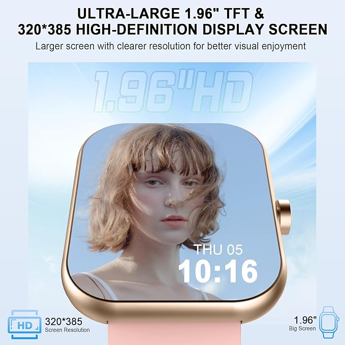 Smart Watch (Answer/Make Calls), 1.96" HD SmartWatch for Men Women 113+ Sport Modes, Fitness Activity Tracker Heart Rate/Sleep Monitor/Pedometer, IP68 Waterproof, Smart Watches for Android iOS, Gold