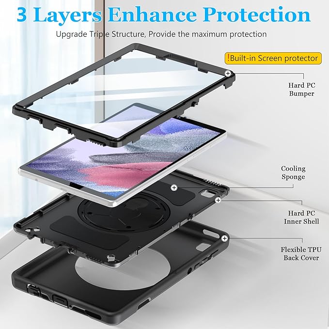 Case for Galaxy Tab A7 Lite 8.7 Inch: TPU Shockproof Cover for Samsung Galaxy Tablet A7 Lite 2021 with Stand - Screen Protector - Shoulder Strap - Handle - S-Pen Holder - Black