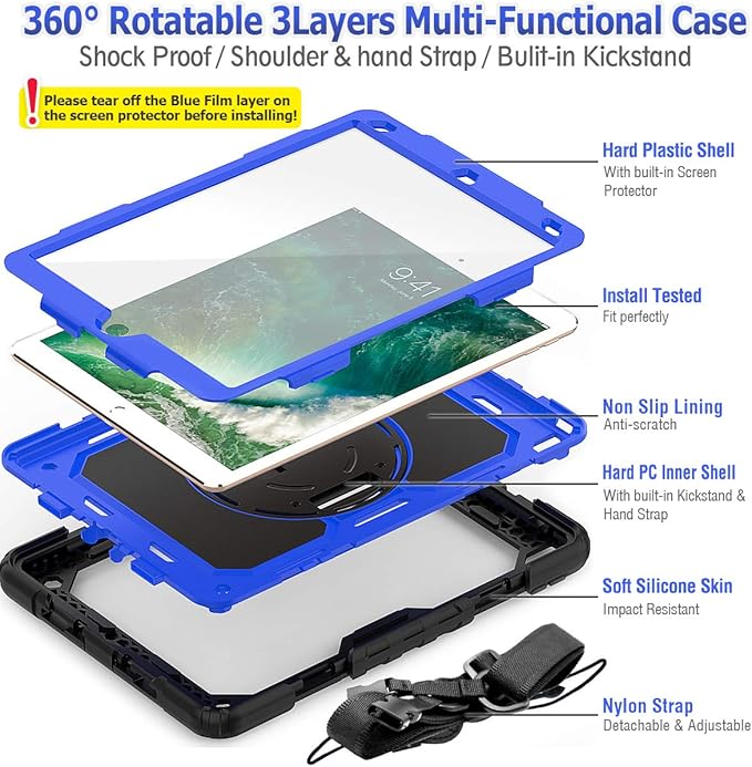 SEYMAC stock Case for iPad Air 3 2019 / Pro 10.5'' with Screen Protector Pen Holder [360° Rotate Hand Strap/Stand], Drop-Proof Case (Blue+Black)