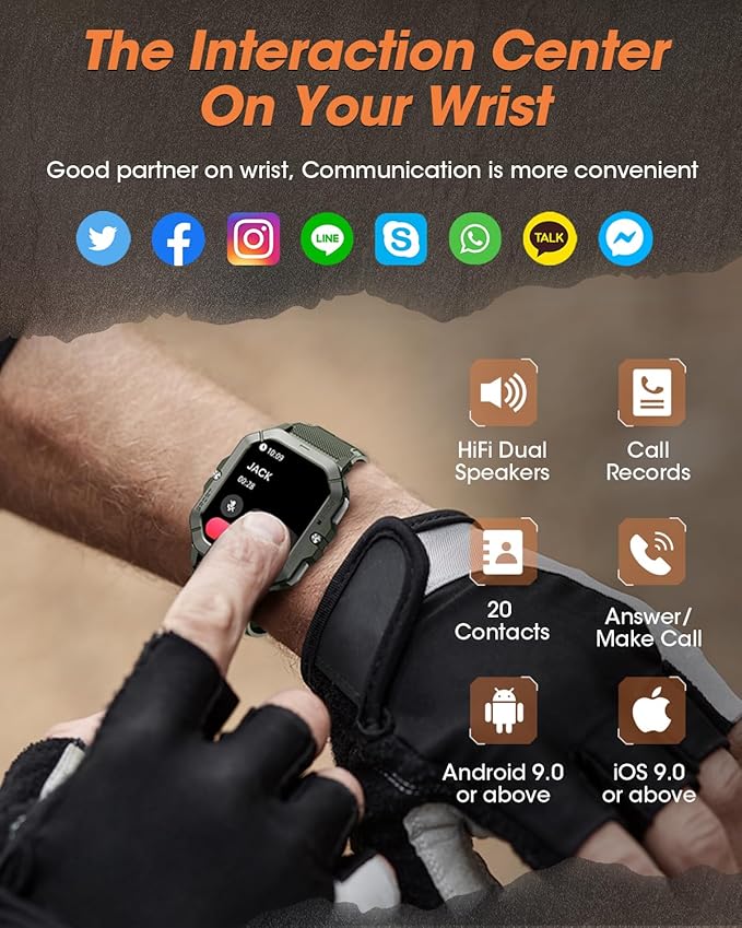 Military Smart Watches for Men (Answer/Make Calls), Waterproof Rugged Fitness Tracker with Blood Pressure/Heart Rate/SpO2/Sleep, Bluetooth Tactical Smart Watch for Android and iPhone, Military Green