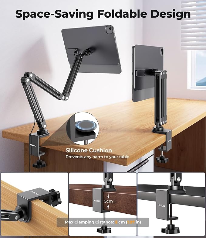 Magnetic Wireless Charging Stand for iPad Pro 12.9, iPad Air 13 M2, Foldable Adjustable Arm Mount with 2M Cable, Aluminum Alloy Tablet Holder for iPad Pro 12.9 3rd/4th/5th/6th