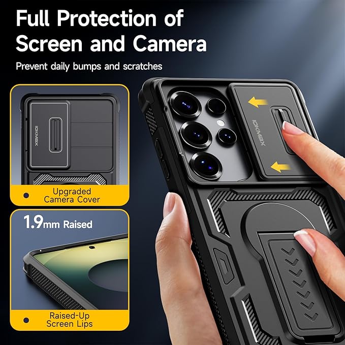 for Samsung Galaxy S25 Ultra Case with 2*Screen Protector, Slide Camera Cover, Kickstand, Lanyard Strap, Military Grade Shockproof Protective Heavy Duty Non-Slip for S25 Ultra Case-6.9'', Black