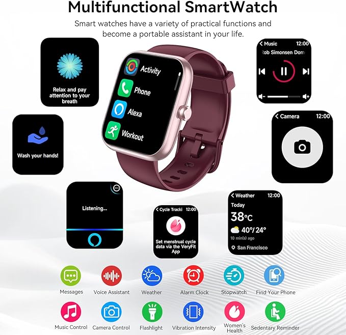 Smart Watch with Alexa Built-in, 1.83" HD Touchscreen, Bluetooth Calling Fitness Tracker, Health Monitor Heart Rate/Sleep Tracking, IP68 Waterproof, 120+ Sports Modes for Android iPhone (Red)