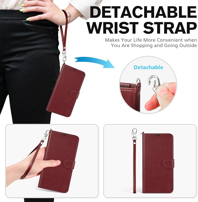 TUCCH Wallet Case for iPhone 15 with [Wrist Strap], Magnetic Closure RFID Blocking 4 Card Slot, Stand Shockproof TPU Shell PU Leather Folio Compatible with iPhone 15 6.1" 2023, Dark Red with Wristlet