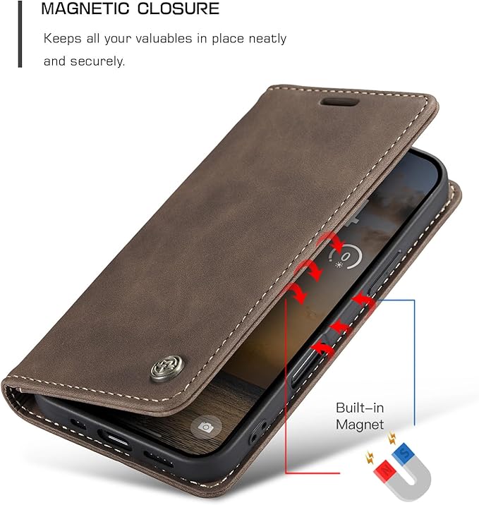 for iPhone 17 Pro Case, Flip Wallet Leather Case with Card Holder Magnetic Closure Shockproof Kickstand Protective Phone Cases Cover for iPhone 17 Pro, Coffee