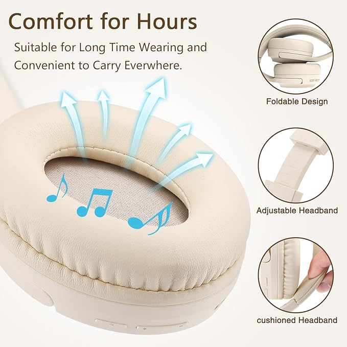 SN-A2 Headphones Wireless Bluetooth with Mic,Lightweight On Ear Headphone, Bluetooth 5.3, 20H+ Playtime,Portable Wired and Wireless Headphones for School, Travel, Gym - Beige