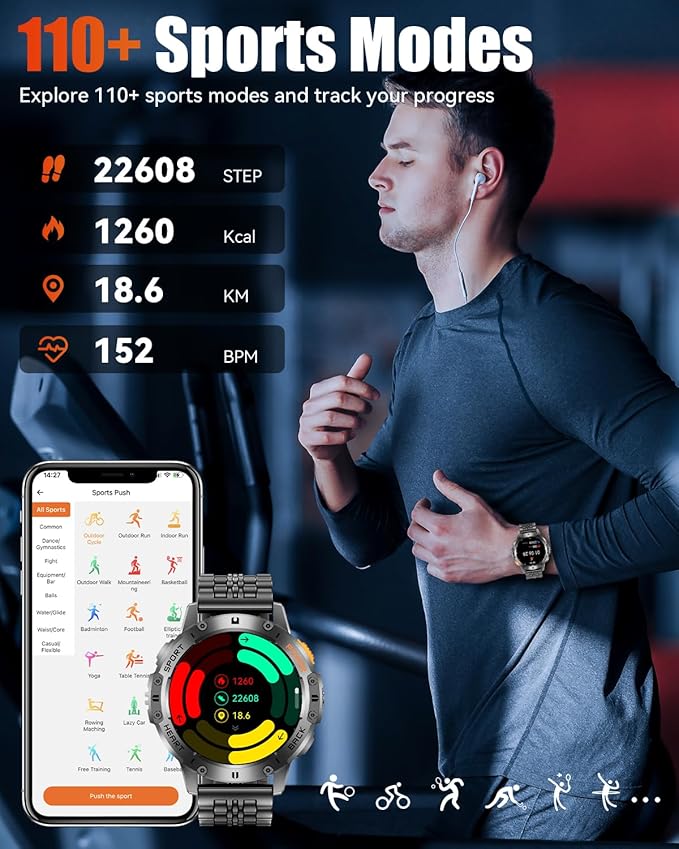 Military Smart Watches for Men with Bluetooth Call, 1.43" AMOLED Waterproof Smartwatch with Flashlight, 111 Sport Modes, 530mAh Heart Rate/SpO2/Sleep Monitor Fitness Tracker for Android iOS