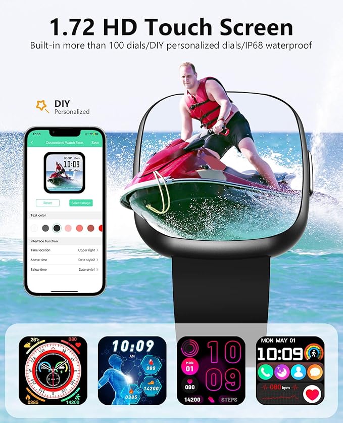 Smart Watch for Men Women, 1.72" Super Retina HD Display with Sleep Stress, 24/7 Heart Rate HRV Spo2 Monitor, Fitness Tracker with 135 Sport Modes, Waterproof Square Watch, Compatible Android and iOS