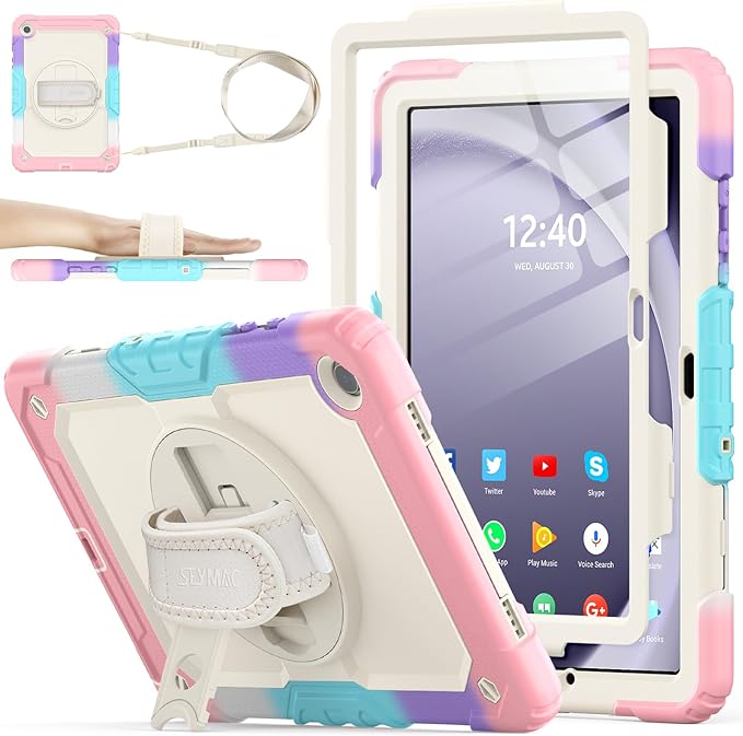 SEYMAC stock Case for Samsung Galaxy Tab A9+ Plus 11'', Full-Body Drop Protection Case with Screen Protector Pencil Holder [360° Rotating Hand Strap] &Stand, Yellowish+Pink