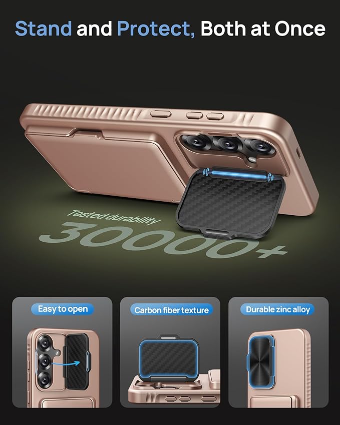 for Samsung Galaxy S25+ Plus Case with Card Holder & Camera Lens Cover Stand, Military Grade Drop Protection Shockproof Rugged Stand Wallet Protective Phone Case for S25+ Plus 2025, Rose Gold