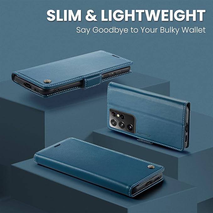 AUPAI for Samsung Galaxy S21 Ultra Wallet Case with Credit Card Holder, PU Leather RFID Blocking Folio Flip Kickstand Magnetic Clasp Protective Phone Cover for Women Men Blue