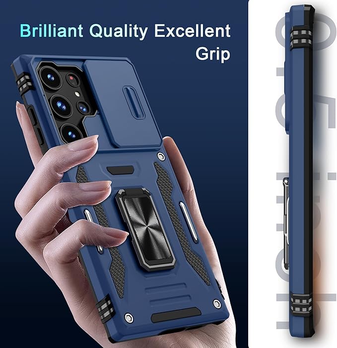 DEERLAMN Case for Samsung Galaxy S25 Ultra with Slide Camera Cover+Screen Protector (1 Pack), Rotated Ring Kickstand Military Grade Shockproof Protective Cover-Navy Blue