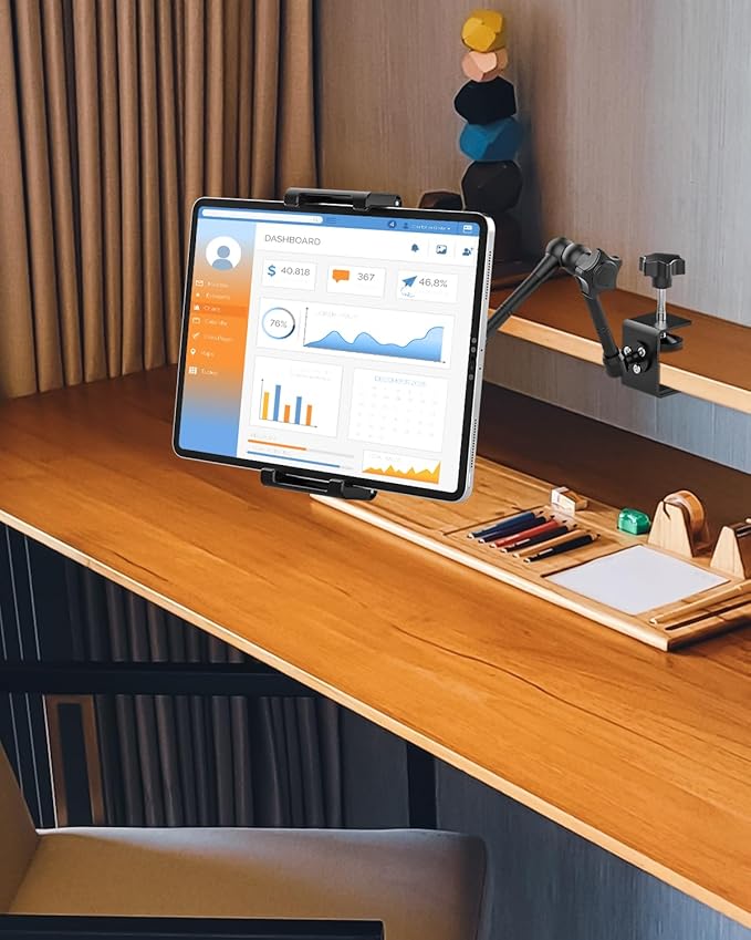 Aluminum Tablet Stand Holder for Desk Mount - [Small Portable] Tablet Holder for Kitchen, Bed Clip with 1.26" Depth Large Clamp for iPad Pro 13 Air Mini, Galaxy, Fire, Switch, iPhone, 6-15.6" Devices