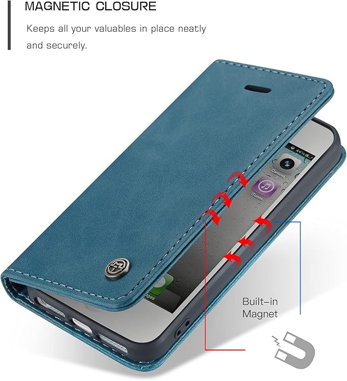 for iPhone 5 / iPhone 5S / iPhone SE (2016) Case, Flip Wallet Leather Case with Card Holder Magnetic Closure Shockproof Kickstand Protective Phone Cases Cover for iPhone 5S,Blue-Green