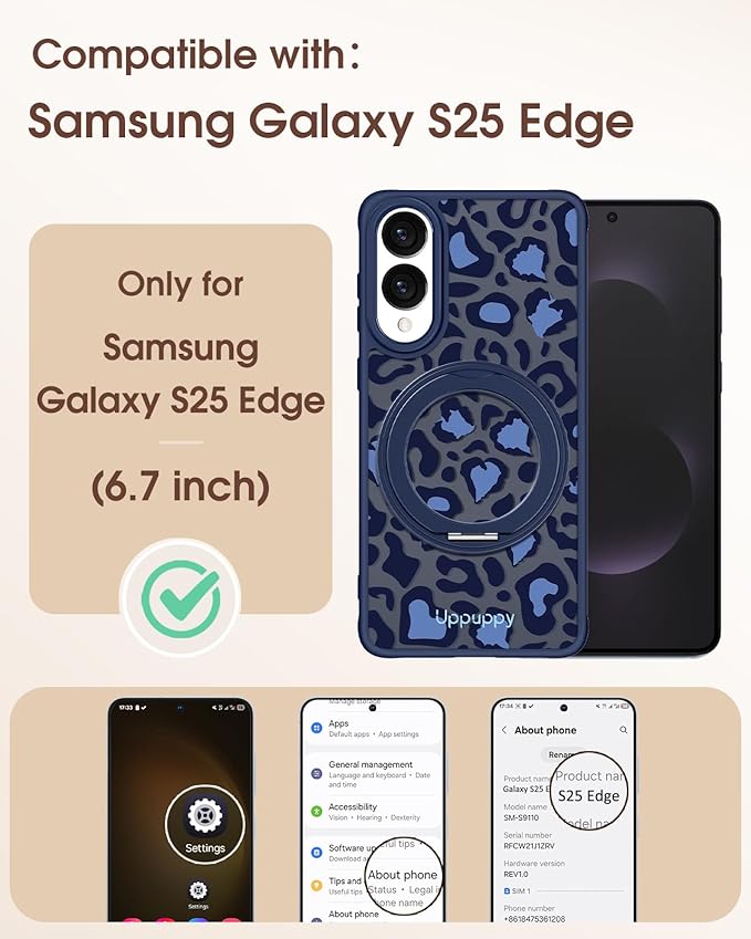 for Samsung Galaxy S25 Edge Case with 360° Rotatable Magnetic Ring - Compatible with MagSafe, Semi-Transparent Soft-Touch Material Shockproof, Cute Blue Cheetah Print Design for Women Girl