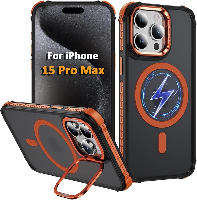 Magnetic for iPhone 15 Pro Max Case Orange with MagSafe Wireless Charging Heavy Duty Military-Grade Shockproof Protection Adjustable Kickstand Slim Matte Anti-Fingerprint Cover Men Women