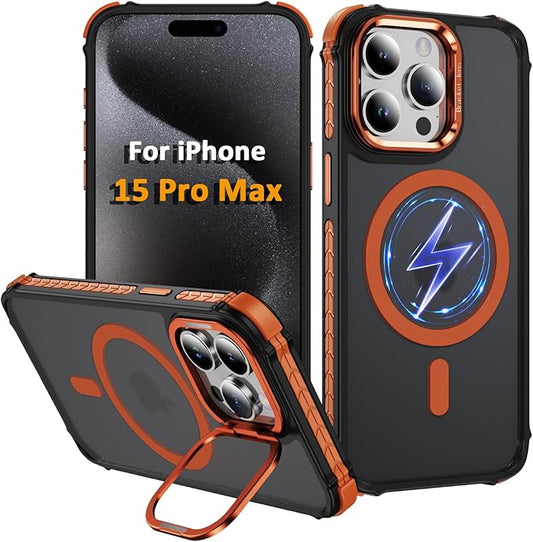 Magnetic for iPhone 15 Pro Max Case Orange with MagSafe Wireless Charging Heavy Duty Military-Grade Shockproof Protection Adjustable Kickstand Slim Matte Anti-Fingerprint Cover Men Women