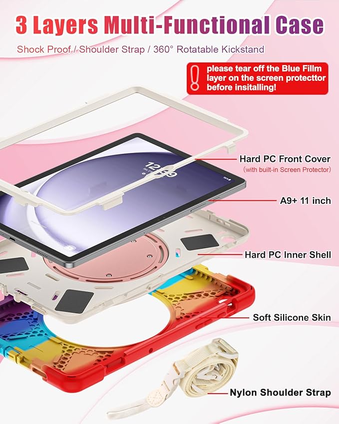 BRAECN Case for Samsung Galaxy Tab A9+ Plus 11” 2023 SM-X210/X216/X218-Heavy Duty Rugged Silicone Cover with Screen Protector, 360 Degree Rotating Stand, Stable Kickstand, Shoulder Strap, Colorful Red