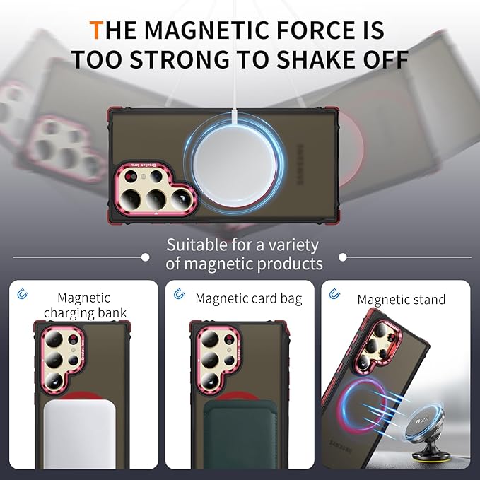 Magnetic for Samsung Galaxy S24 Ultra Case Red Fit for MagSafe Military-Grade Shockproof Protection Adjustable Kickstand Slim Matte Anti-Fingerprint Cover Men Women