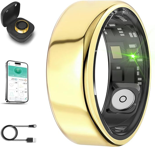 Smart Ring for Men Women with Black Charging Box, Bluetooth, Health Ring , IP68 Waterproof, Fitness Ring Tracks Heart Rate/Sleep/Steps/Sports Activities/Blood Oxygen,non-subscription app (Gold, 8)
