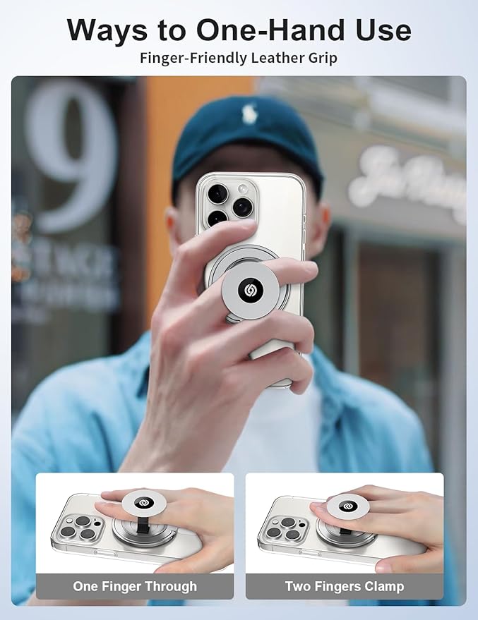 EWA MagOne Ultra (Plate Edition) Phone Grip Stand with Leather Finger Strap, Removable Magnetic Ring Holder Kickstand Loop, Double-Sided Magnetic Accessories for Phone-Silver