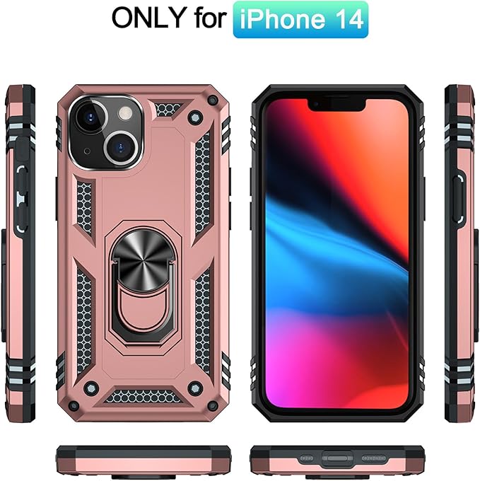 ADDIT Phone Case for iPhone 14 Case,with Kickstand Ring,Adjustable Stand,Military Grade,Heavy Duty Protection,Shockproof,Anti-Fingerprint,Support Magnet Car Mount,Rose Gold
