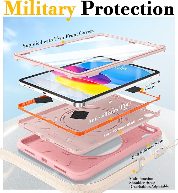 BRAECN Ripple Case for iPad (A16)11th/10th Generation 11/10.9 inch 2025/2022 Zinc Alloy Handle Ring Stand Protective Heavy Duty Screen Protector 360°Rotating 180°Folding Shoulder Strap Full-Body Cover