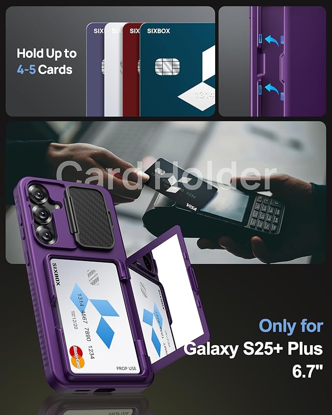 for Samsung Galaxy S25+ Plus Case, Built-in Card Holder & Stand & Lens Cover, Military Grade Drop Tested Soft Silicone Edge Rugged Protective Wallet Phone Case for S25+ Plus 6.7" 2025, Purple