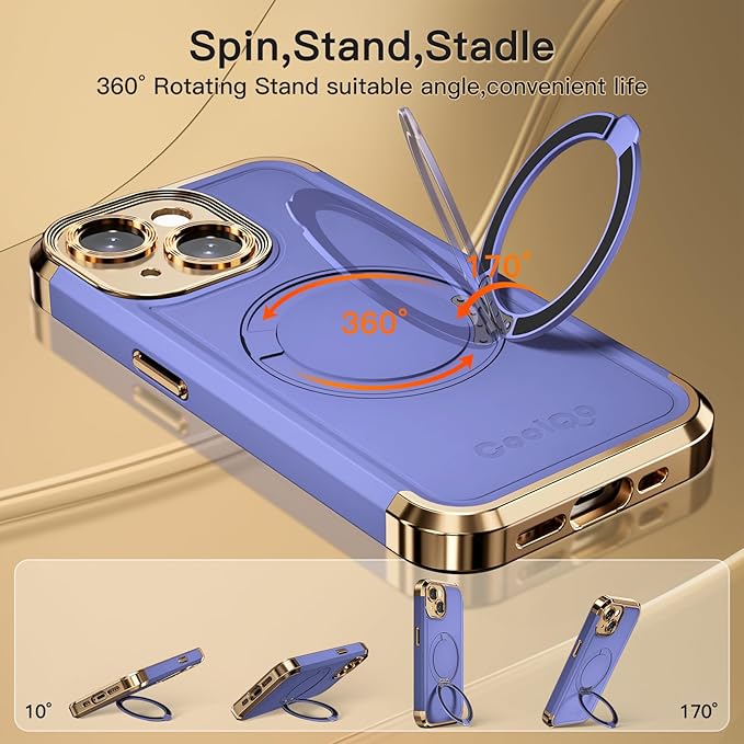 COOLQO for iPhone 15 Case 6.1'' Upgraded 360° Spin Magnetic Stand [Compatible with Magsafe][Military Protection] Plating Matte Scratch-Resistant Back Protective Shockproof Phone Case, Purple Gold