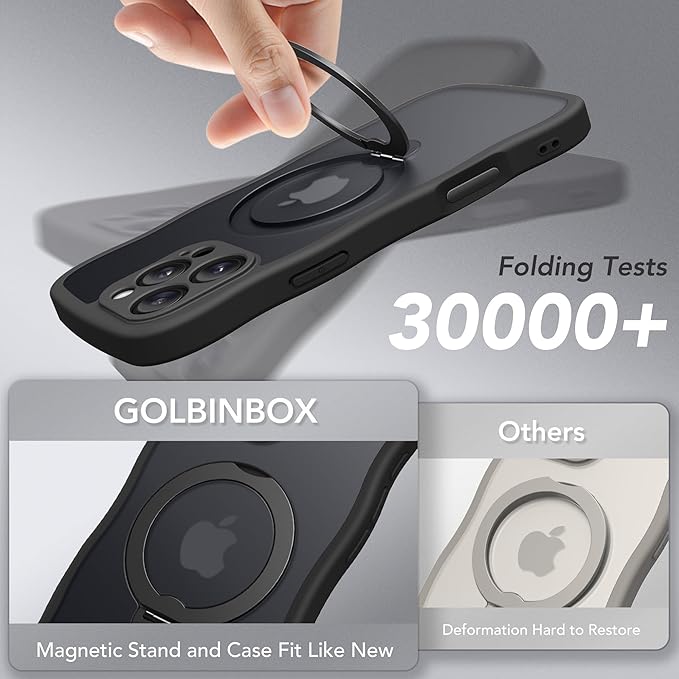 GolbinBox for iPhone 16 Pro Case for Women,[Compatible with Magsafe][360° Spin Magnetic Stand][Cute Wave Edge][Military-Grade Protection] Translucent Matte Phone Case for iPhone 16 Pro, Black