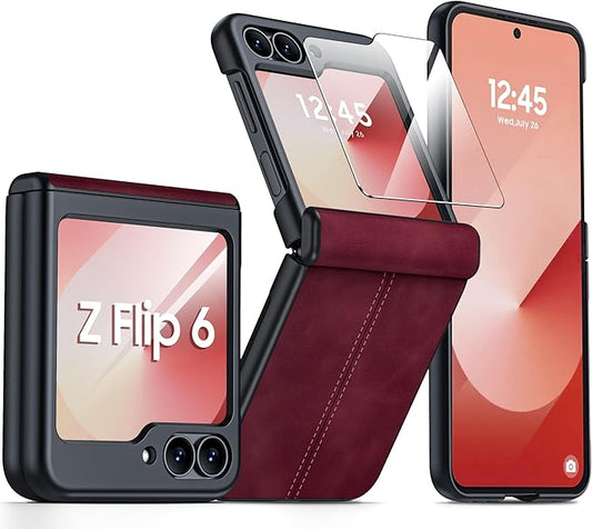 for Samsung Galaxy Z Flip 6 Case/Z Flip 7 FE Case with Hinge Protection & Built-in Screen Protector, Ultra Thin Leather Shockproof Cover Phone Case for Galaxy Z Flip 6/Z Flip 7 FE-Red