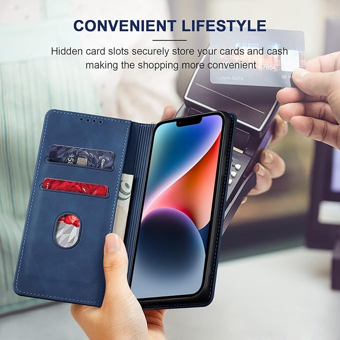 Jasonyu Flip Wallet Case for iPhone 14 5G,Leather Magnetic Folio Cover with Card Holder,Kickstand - TPU Shockproof Durable Protective Phone Case,Blue