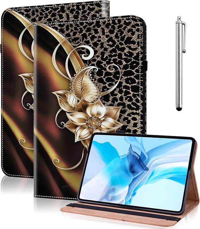 Tablet Case for Lenovo Tab Plus 11.5 Inch 2024, Multi-Angle Viewing Premium PU Leather Case with Hand Strap & Card Slots/Holder for 11.5" Lenovo Tab Plus 2024 Release - Metallic Flower