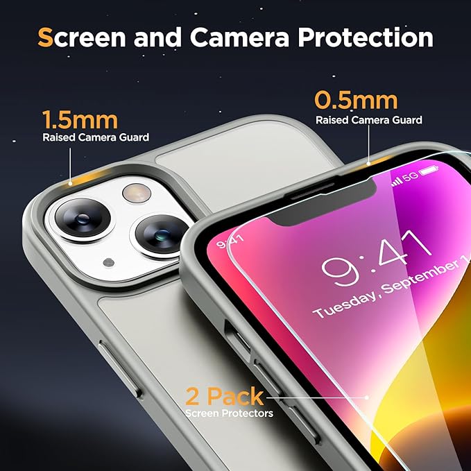 Miracase Magnetic for iPhone 14 Case 6.1 inch (Compatible with MagSafe)（with 2X Screen Protectors） Military-Grade Protection, Anti-Fingerprint Translucent Matte Phone Case Cover, Gray