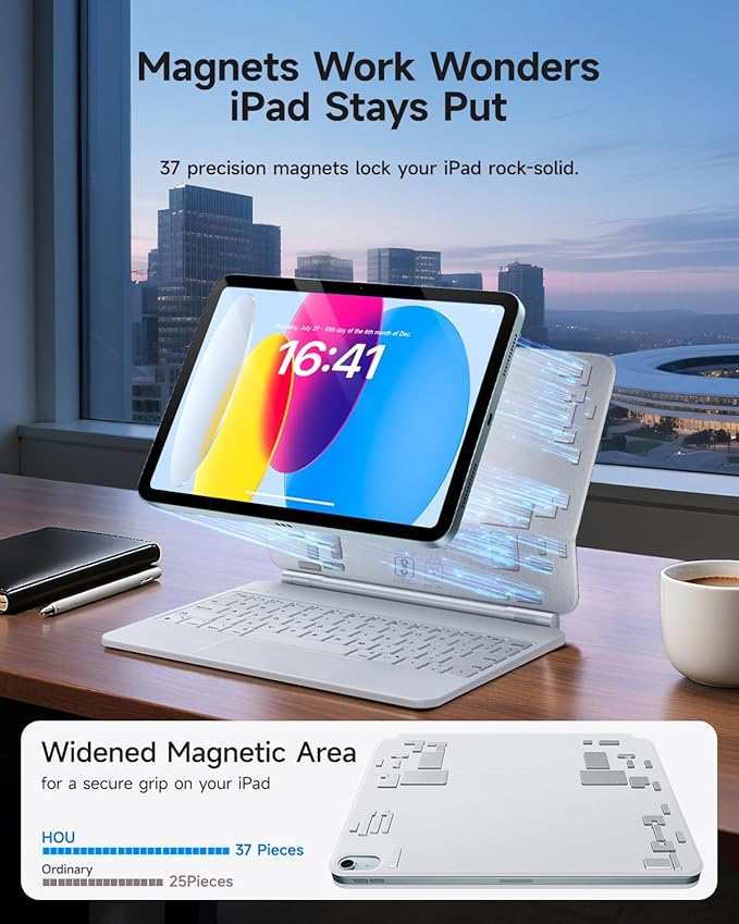 HOU Keyboard Case for iPad A16 11/10, Magnetic Magic-Stand, Floating Design, Durable Spindles, Multi-Touch Trackpad, 7 Colors Backlit, Stain Resistant PU, Bluetooth
