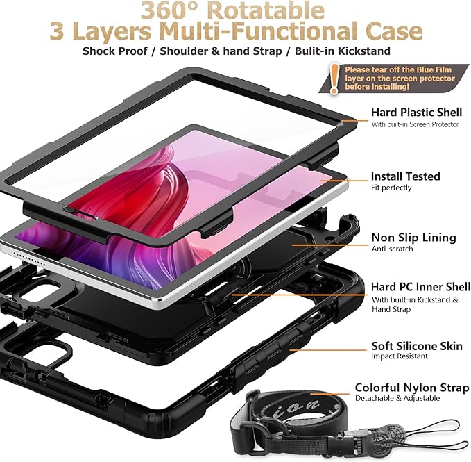 SEYMAC stock Case for Lenovo Tab M9 (TB-310FU) 2023 with Screen Protector, Drop-Proof Protection Cover with 360° Rotating Stand &Strap [Pen Holder] Case for Lenovo Tab M9 9'' (Black)