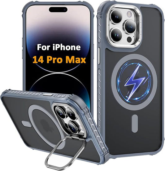 Magnetic for iPhone 14 Pro Max Case Gray with MagSafe Wireless Charging Heavy Duty Military-Grade Shockproof Protection Adjustable Kickstand Slim Matte Anti-Fingerprint Cover Men Women